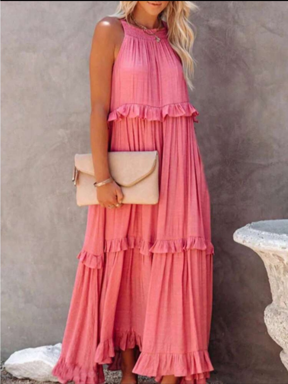Boho Maxi Halter Ruffle Dress in Coral Pink - Picture 4 of 4